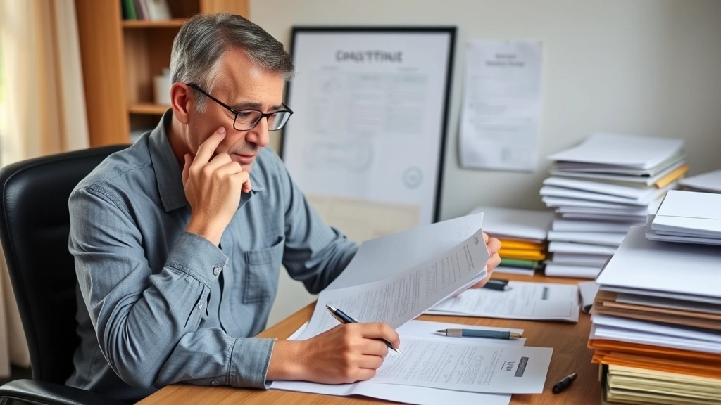 Thoughtful middle-aged person sitting at desk reviewing legal documents and medical paperwork with organized file folders nea