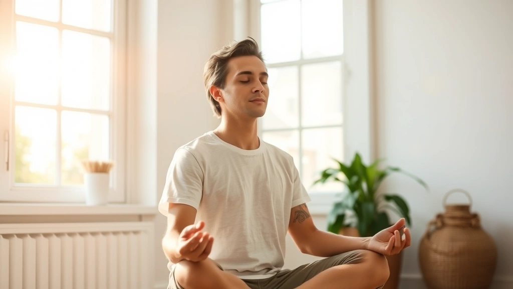 Peaceful individual meditating in natural sunlight by window, showing mental wellness and emotional regulation in home settin
