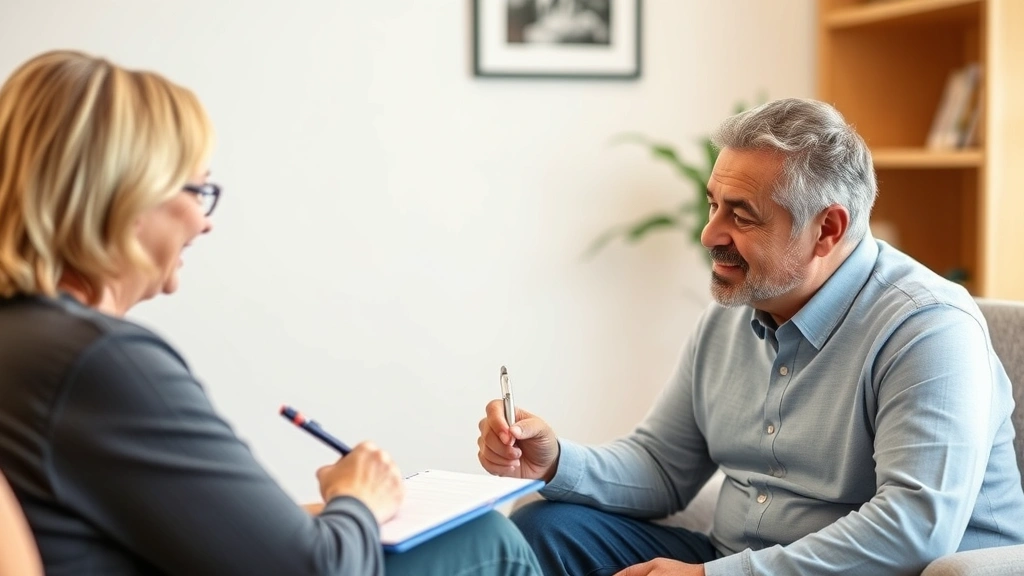 Healthcare provider writing notes during therapy session with patient, warm office lighting, compassionate expression, notepa
