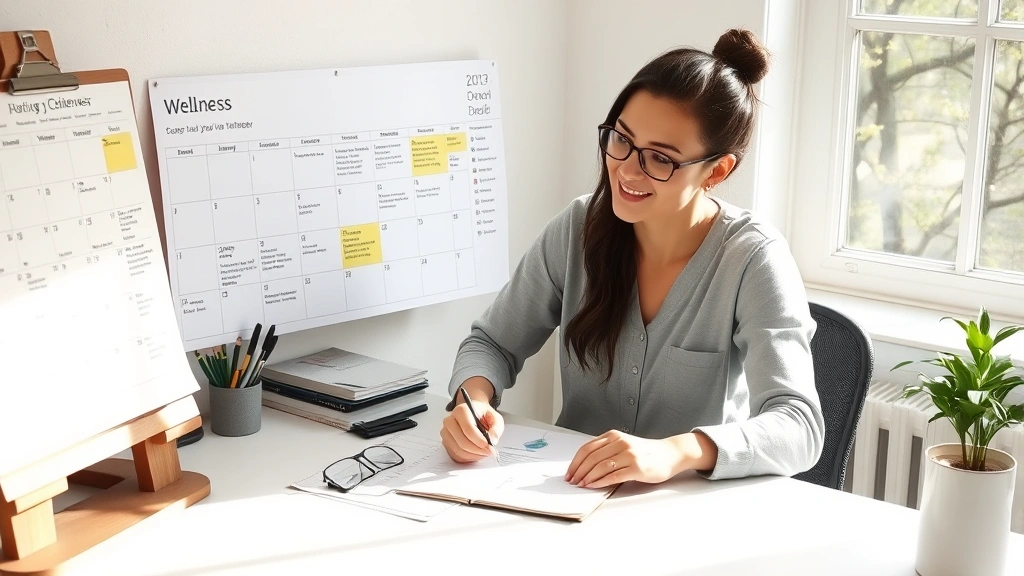 Person at desk with calendar and planner, organizing schedule with wellness items highlighted, natural daylight, peaceful wor