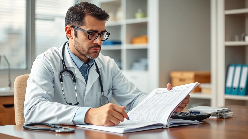 Medical professional reviewing documents at desk with stethoscope nearby, professional healthcare setting, focused expression