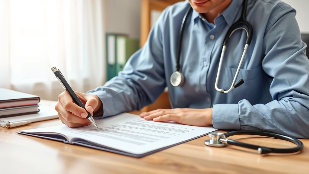 Licensed healthcare provider writing medical documentation letter at professional desk with patient file and stethoscope visi