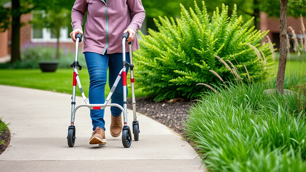 Person using mobility aid walking confidently on accessible pathway outdoors with green landscaping and supportive environmen