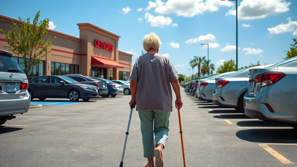 Senior woman with cane walking slowly through parking lot toward store entrance on sunny day