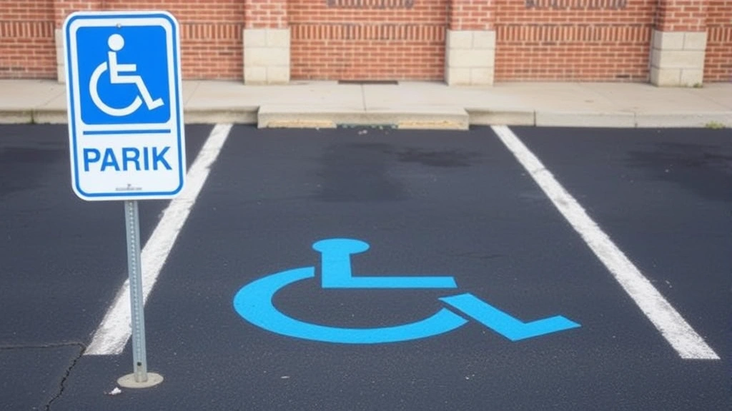 Disabled parking sign and blue handicap symbol painted on asphalt parking space near building