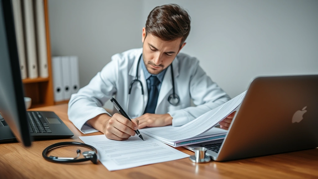 Doctor reviewing medical records and completing accommodation forms at desk with stethoscope nearby