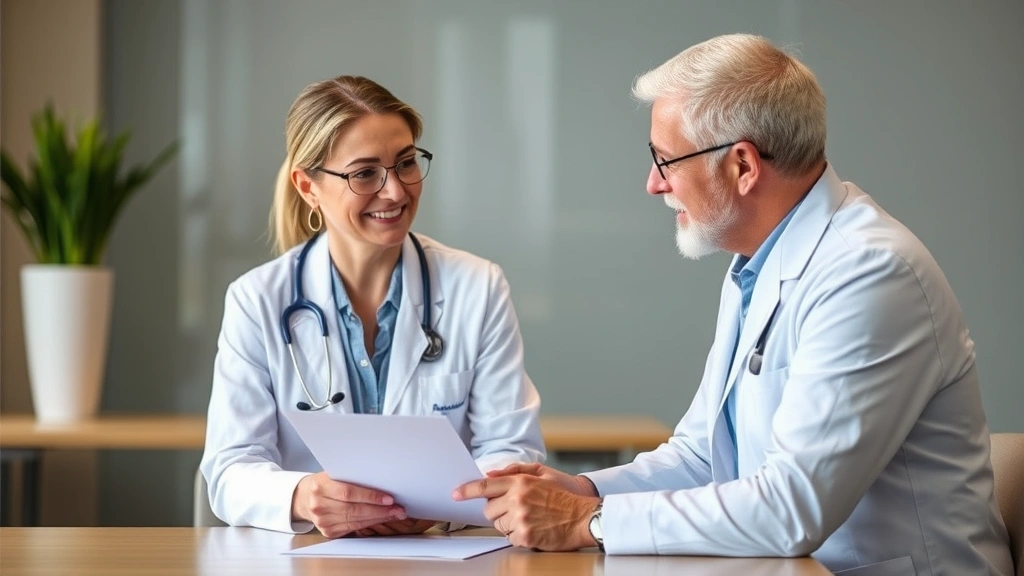 Healthcare provider and HR professional in professional setting discussing workplace accommodation documentation