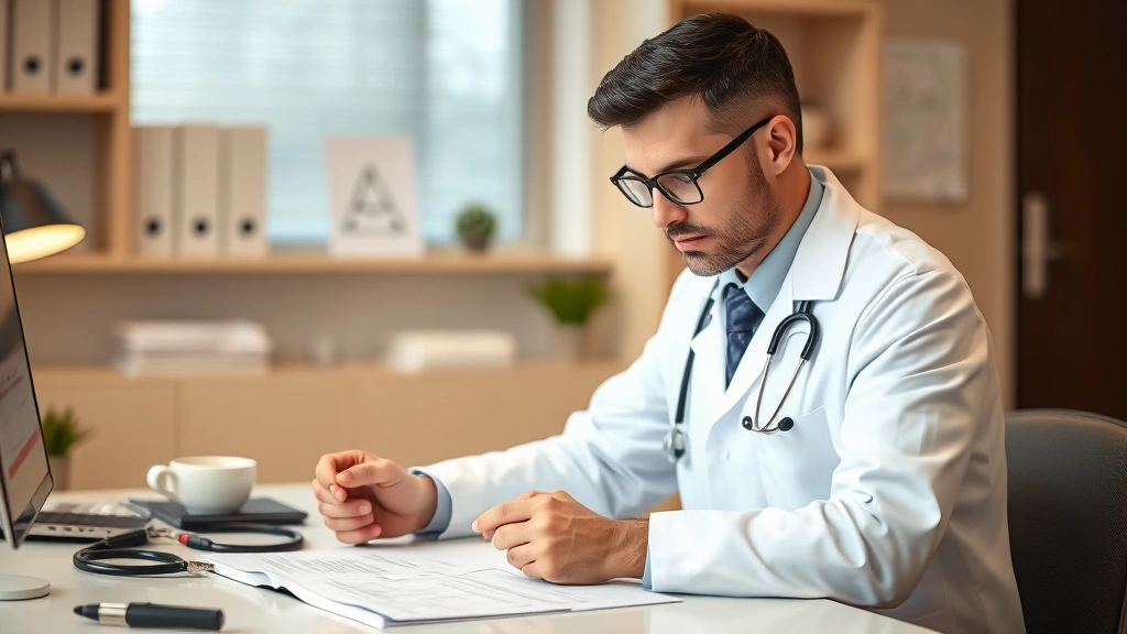 Doctor in white coat reviewing patient medical records at desk with stethoscope, professional healthcare office setting, warm