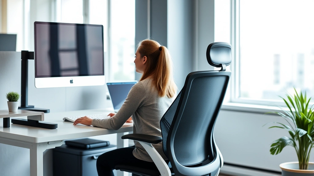 Employee at ergonomic workstation with adjustable desk, monitor, and supportive chair, modern office environment, natural win