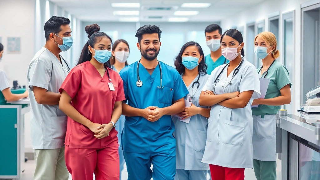 Diverse group of healthcare workers in medical uniforms collaborating at hospital station, professional medical environment,