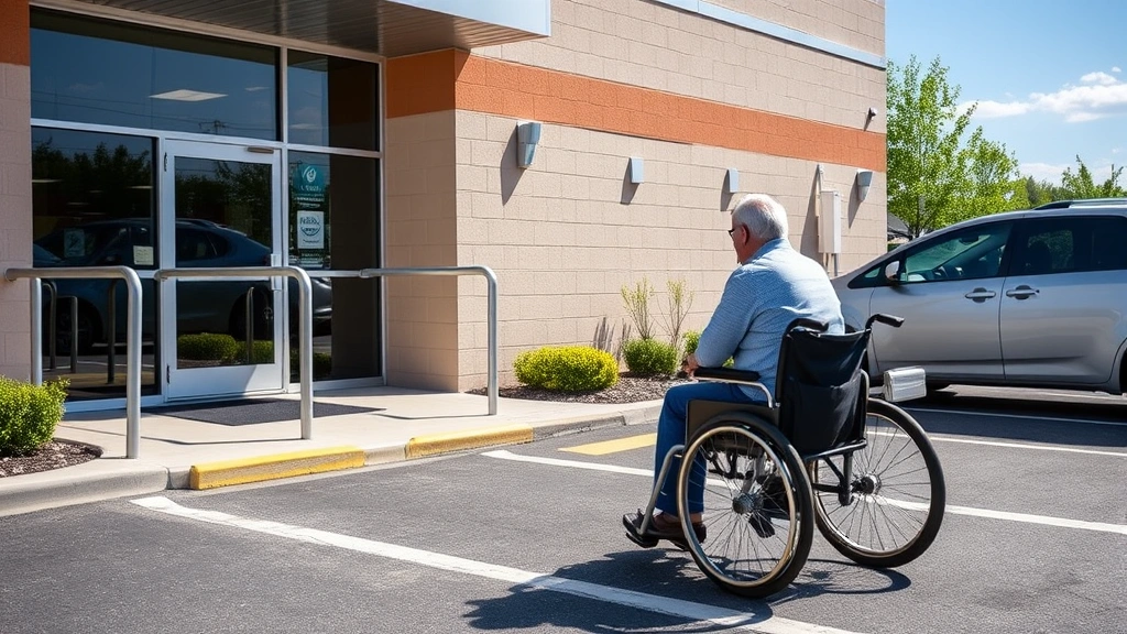 Person in wheelchair parking in accessible parking space near building entrance on sunny day