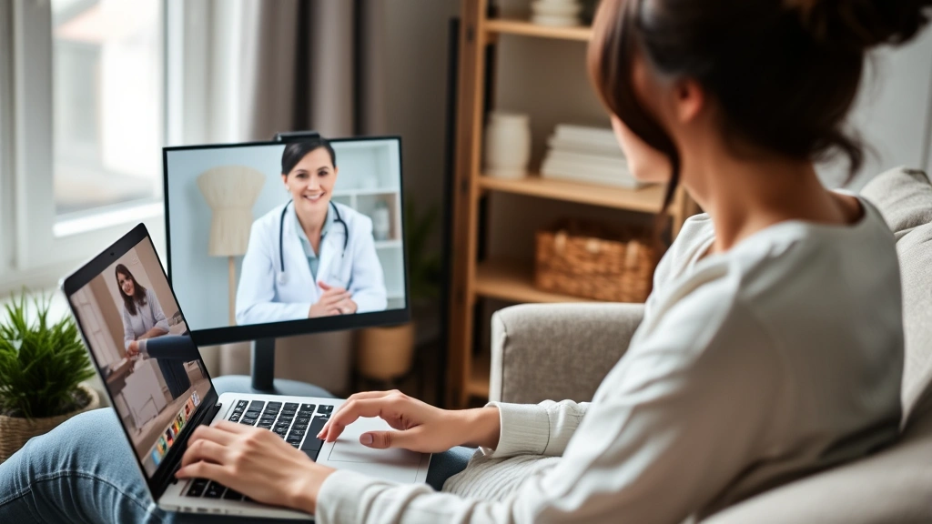 Woman having video consultation on laptop with healthcare provider in home setting