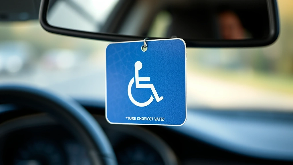 Close up of blue handicap placard hanging from car rearview mirror in vehicle