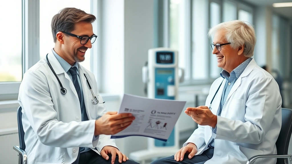 Doctor in white coat reviewing medical chart with patient discussing oxygen equipment and travel plans, both smiling, clinica