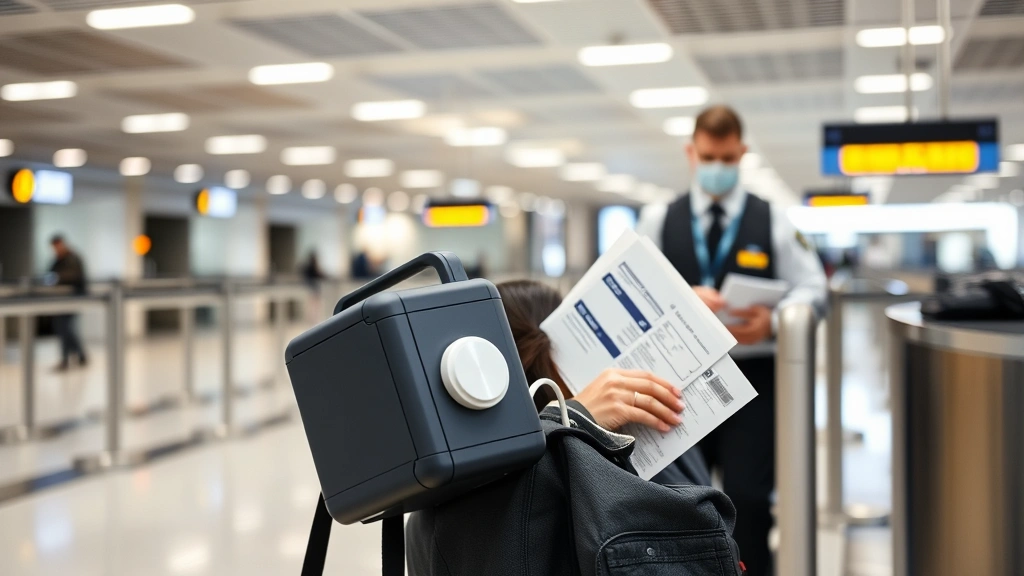 Passenger at airport security checkpoint holding portable oxygen concentrator and travel documents, TSA agent in background,