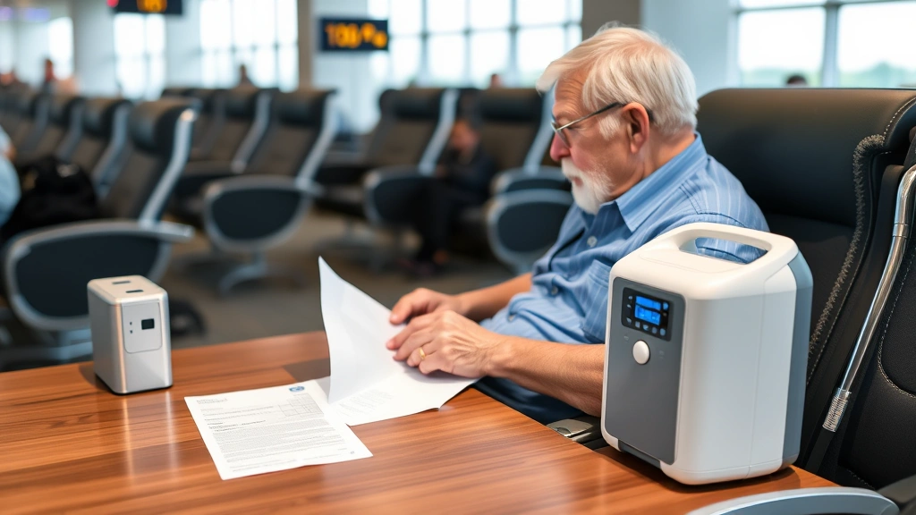 Senior traveler in airport lounge with portable oxygen concentrator beside seat, looking at boarding pass and clearance lette