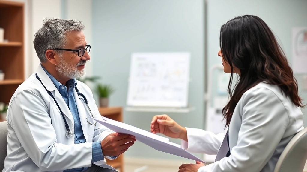 Doctor in white coat reviewing medical chart with patient in clinical office setting, professional healthcare consultation