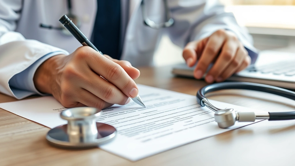 Close-up of physician hands signing medical document on desk with stethoscope and clipboard visible