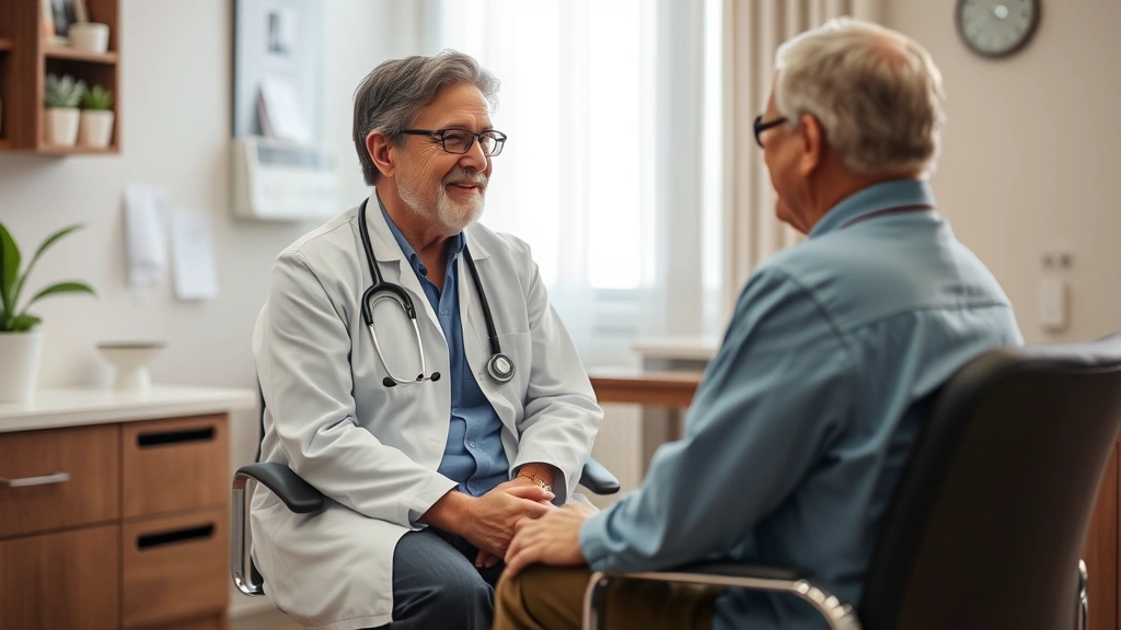 Patient sitting in medical office with doctor discussing treatment options, warm supportive healthcare environment