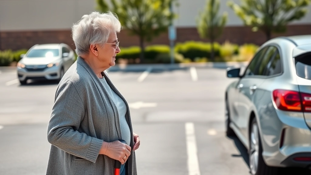 Senior woman with cane standing by car in parking lot on sunny day, looking at accessible parking space
