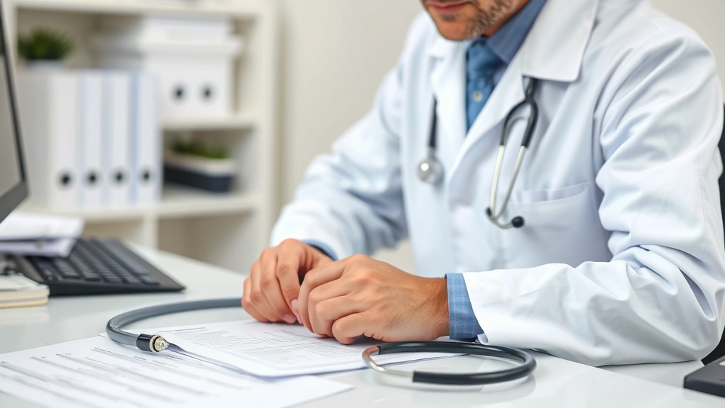 Healthcare provider in white coat reviewing medical documents at desk with stethoscope visible