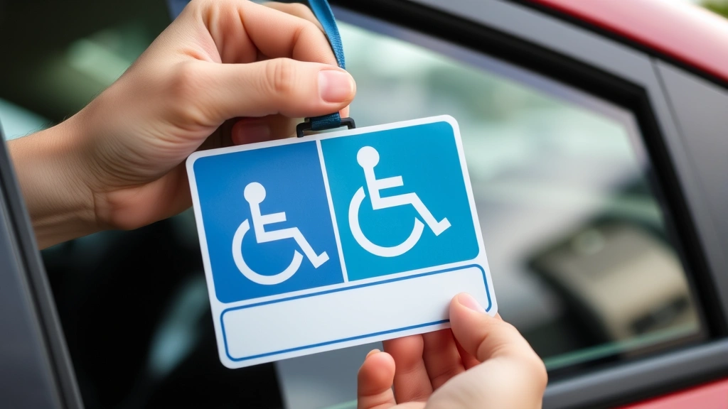 Close-up of hands holding official handicap placard with disabled parking symbol displayed in vehicle window