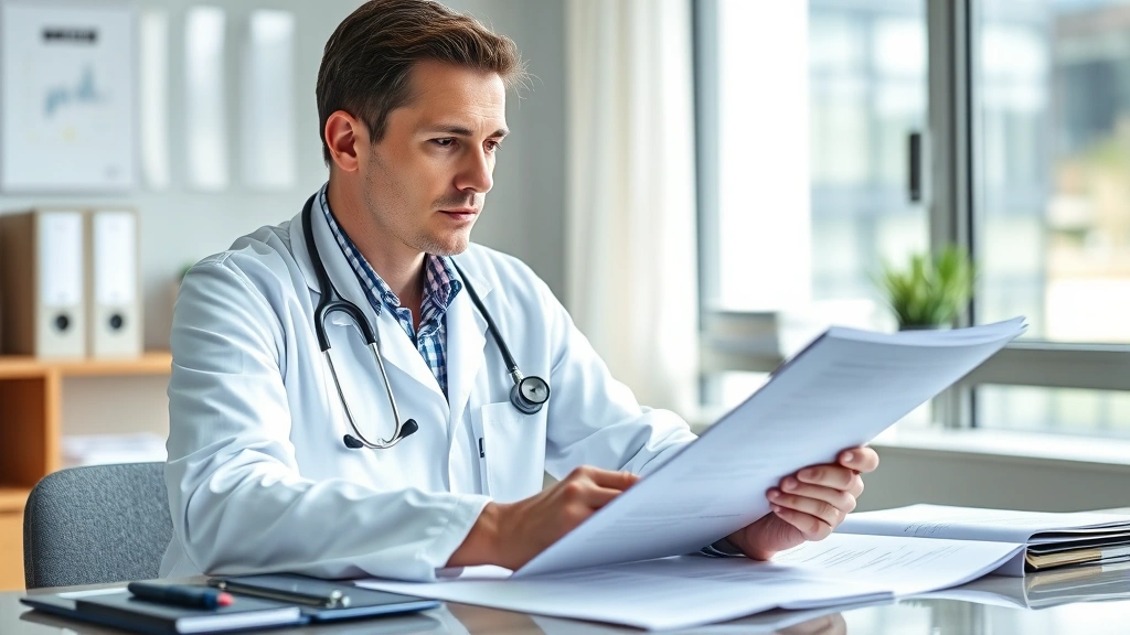 Doctor in white coat reviewing medical documents at desk with stethoscope, professional healthcare setting, natural lighting