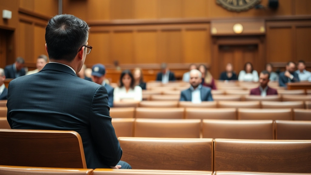 Person sitting in courtroom gallery, respectful formal environment, wooden furniture, soft professional lighting