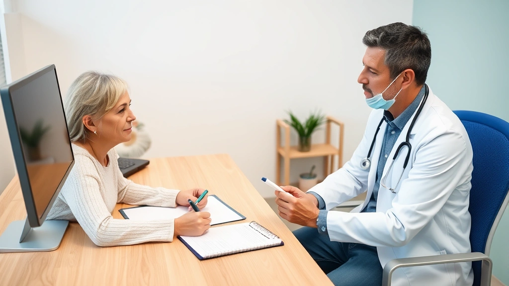 Healthcare provider writing notes while patient sits across desk during medical consultation, compassionate clinical setting