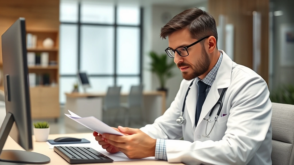 Healthcare professional in white coat reviewing medical documents at desk in modern clinic office