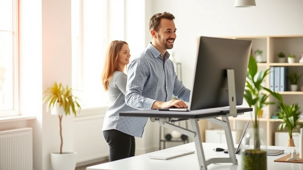 Employee at standing desk with ergonomic support during recovery period in bright office environment