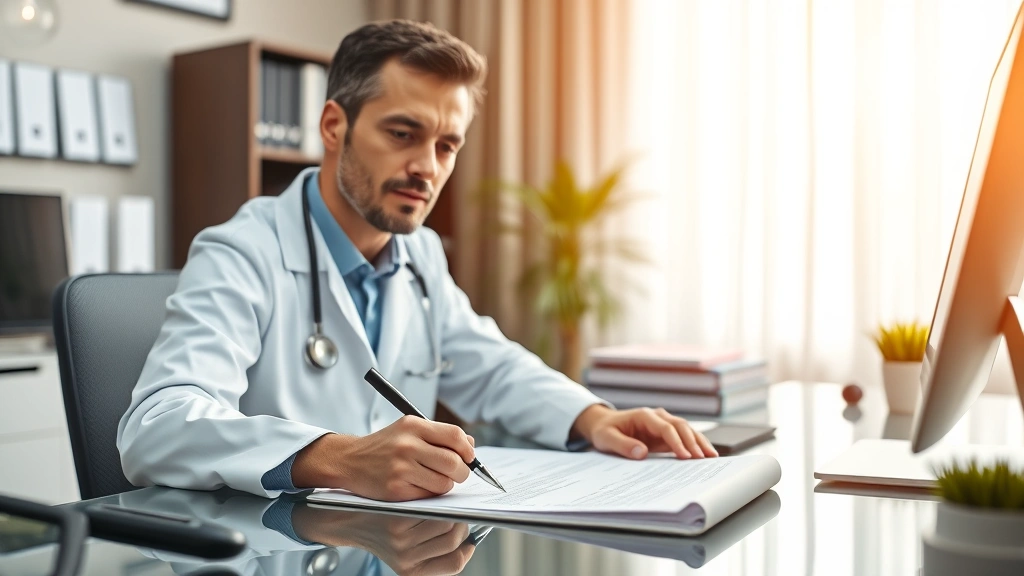 Doctor at desk writing medical letter with stethoscope and computer, professional office environment, warm lighting
