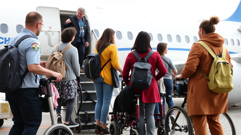Diverse passengers with various mobility aids boarding airplane, TSA agent assisting, inclusive travel accessibility scene