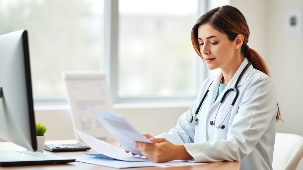 Female doctor in white coat reviewing medical records at desk with stethoscope, professional office setting with natural ligh