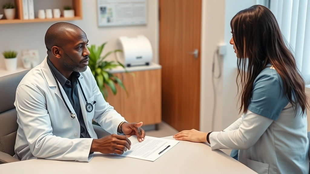 African American man sitting in medical office consultation with healthcare provider, discussing documents on table