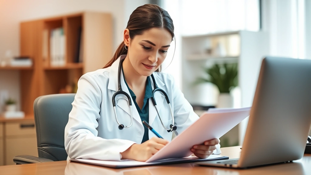 A compassionate female doctor in white coat writing medical notes at her desk with patient file, warm office lighting, focuse
