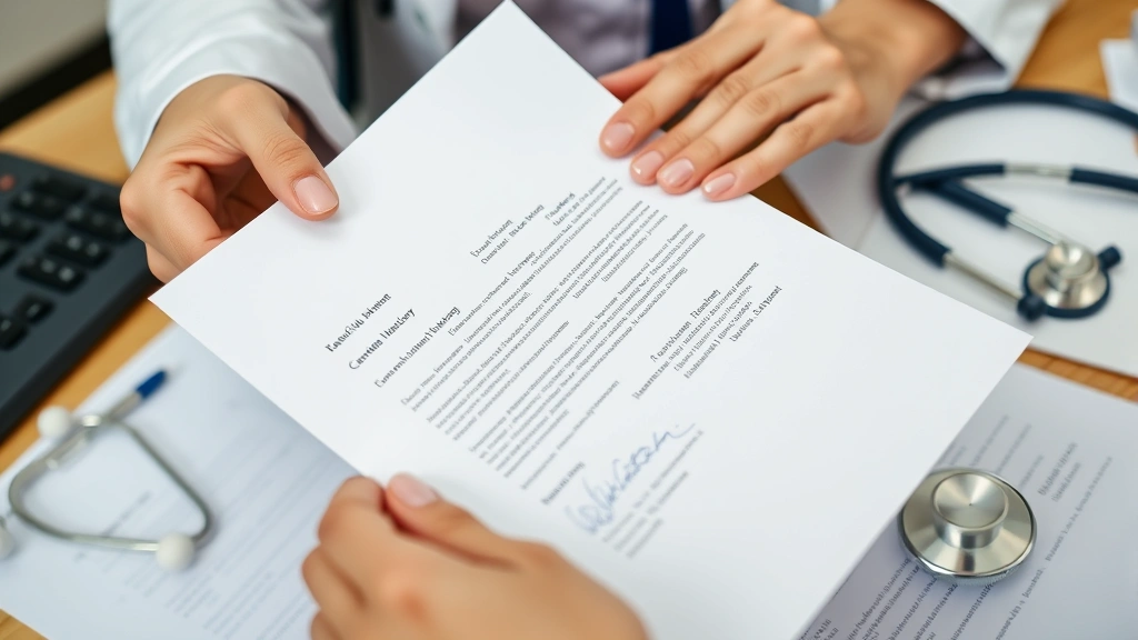 Close-up of a physician's hands holding a signed medical letter on official letterhead, stethoscope visible on desk, formal d