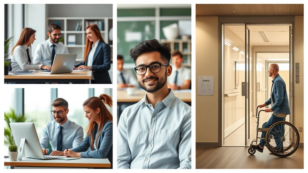 A diverse group of people in various professional settings - office worker at desk, student in classroom, person in wheelchai