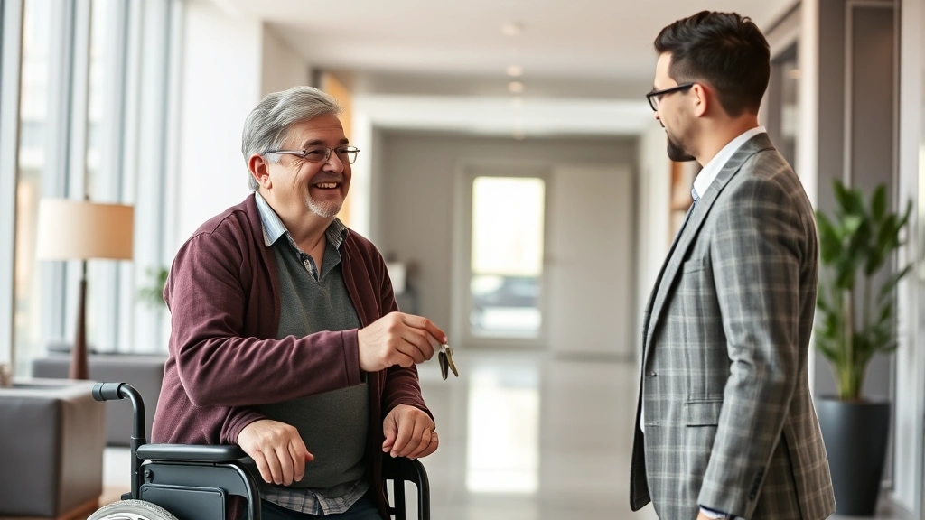 Person with mobility aid receiving keys from property manager in modern apartment lobby, both smiling, natural lighting, dive