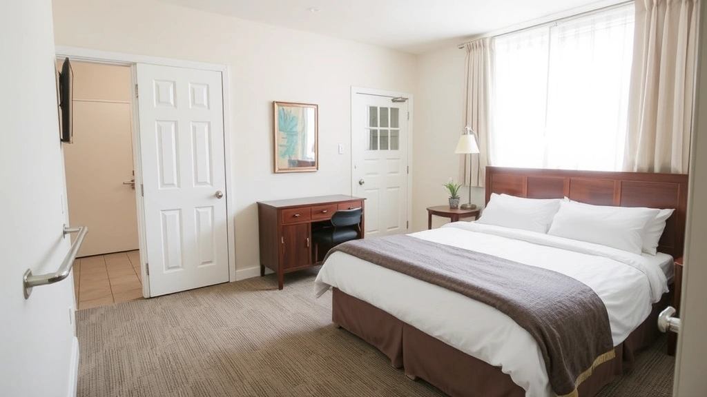 Accessible apartment bedroom with grab bars, lowered light switches, and open layout showing accessibility features, bright a