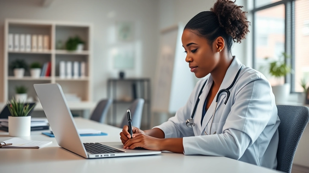 Healthcare provider at desk writing accommodation letter with laptop open, professional office setting, warm lighting, divers