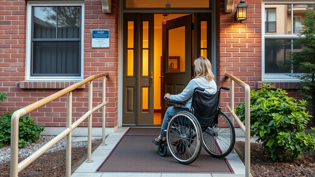Woman in wheelchair at apartment entrance with accessible ramp and handrails, warm natural lighting, welcoming building exter