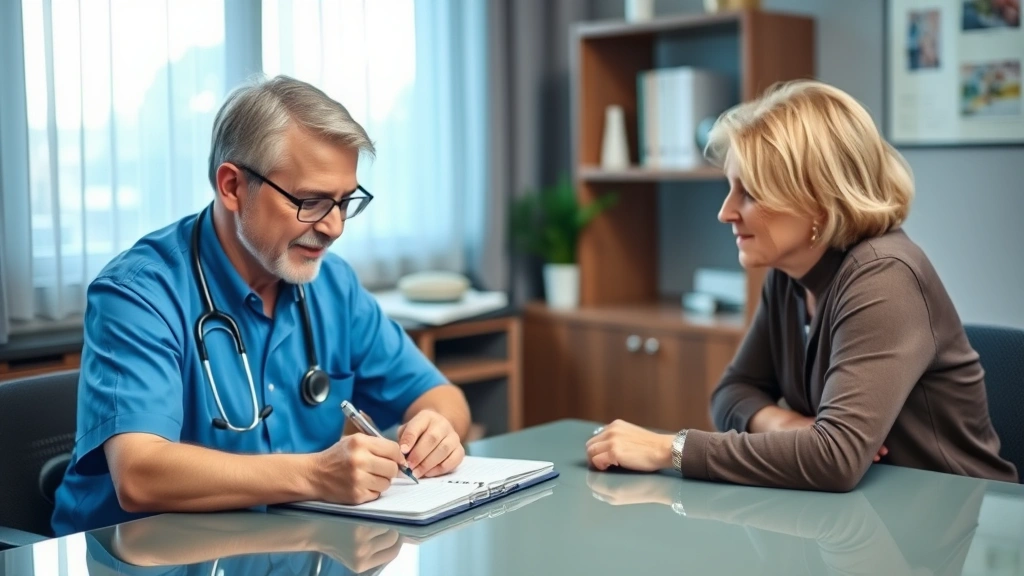 Healthcare provider writing notes at desk during patient consultation, professional office setting, stethoscope visible, comp