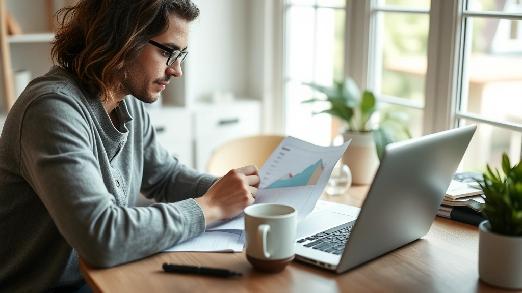 Person reviewing housing documents at table with coffee, laptop open, focused expression, bright home office environment, nat