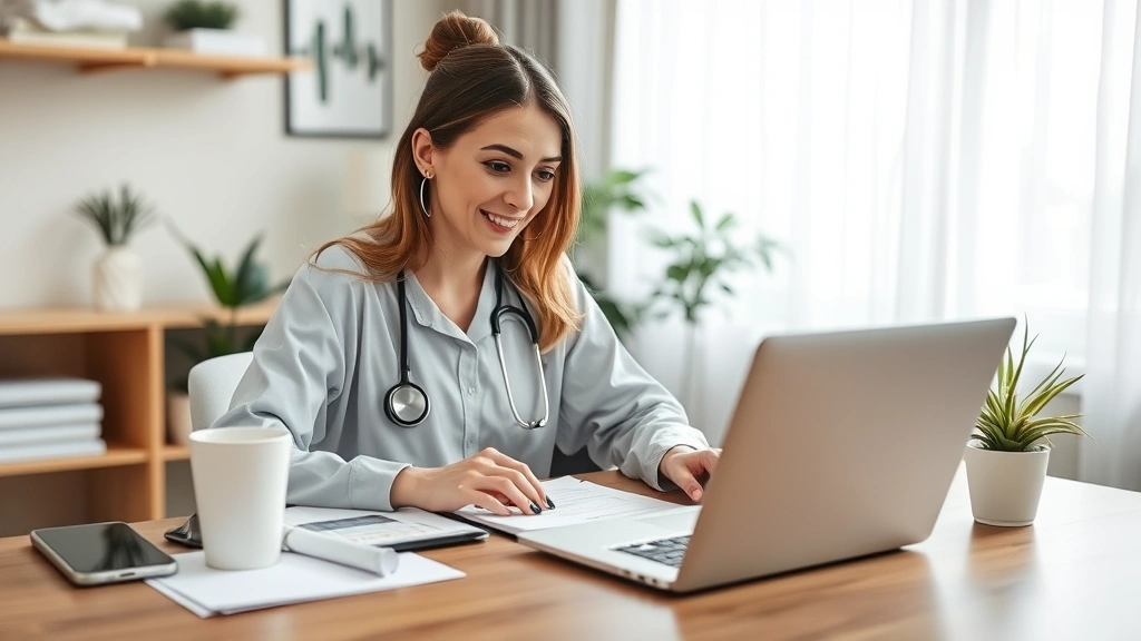woman reviewing medical documents at home with laptop coffee cup on desk