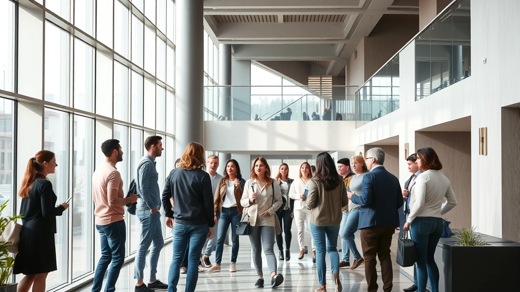 diverse group of people in modern apartment building lobby natural light