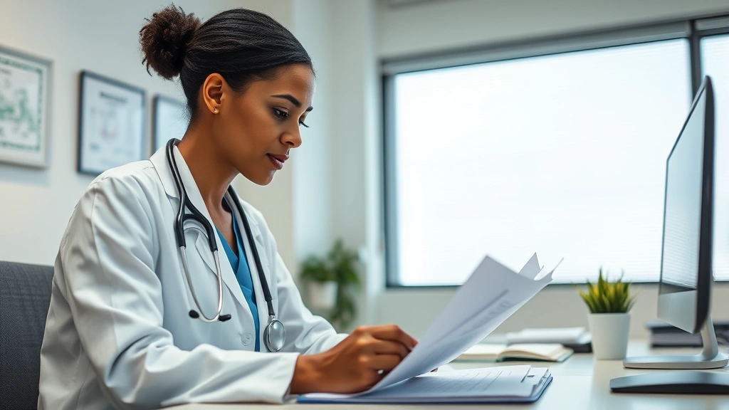 healthcare provider in professional office reviewing patient file at desk