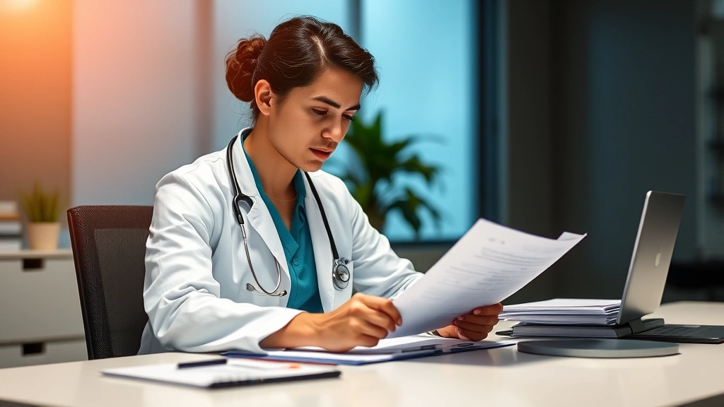 healthcare provider in white coat reviewing medical documents at desk with warm lighting