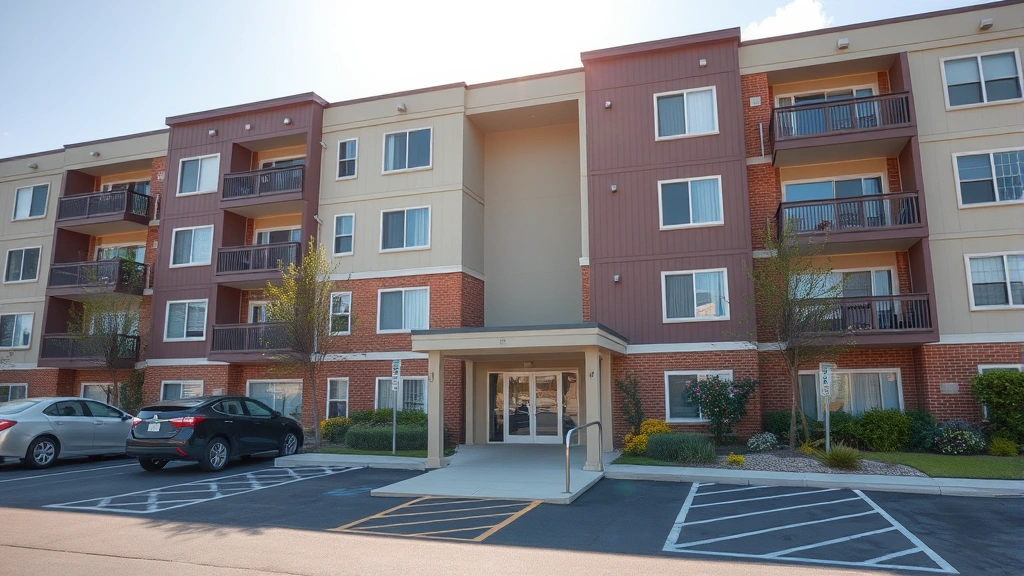 diverse apartment building exterior with accessible parking spaces and ramp entrance on sunny day