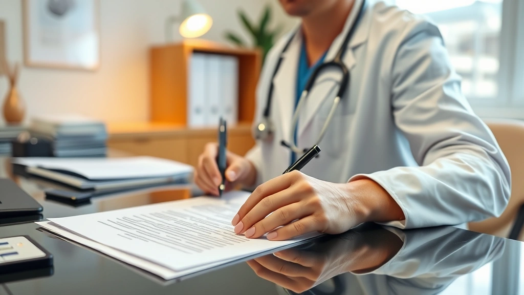 Healthcare provider at desk writing medical documentation on professional letterhead, warm office lighting, patient file visi